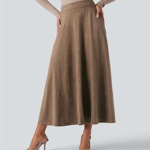 High Waisted Suede Midi Casual Flare Skirt with Pockets